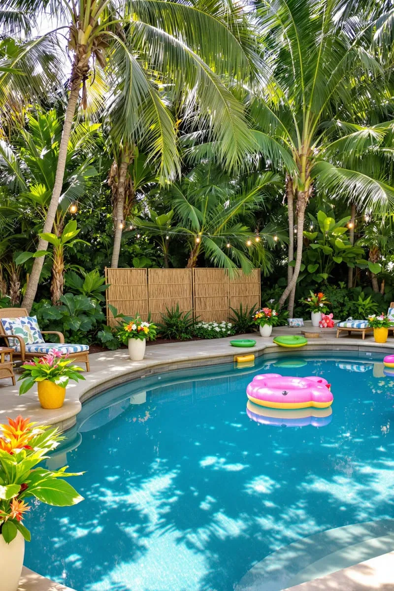 lush tropical paradise pool with palm trees and bamboo privacy screens 1