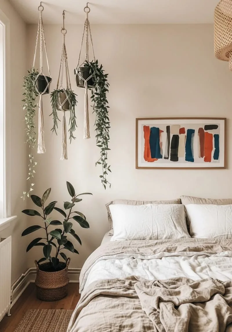 macramé plant holders suspended from the ceiling with trailing green plants 1
