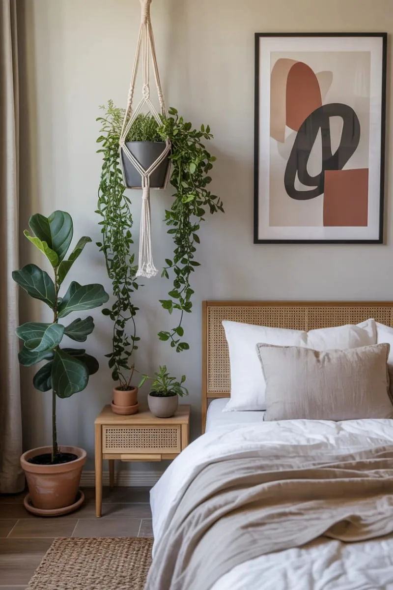 macramé plant holders suspended from the ceiling with trailing green plants 1