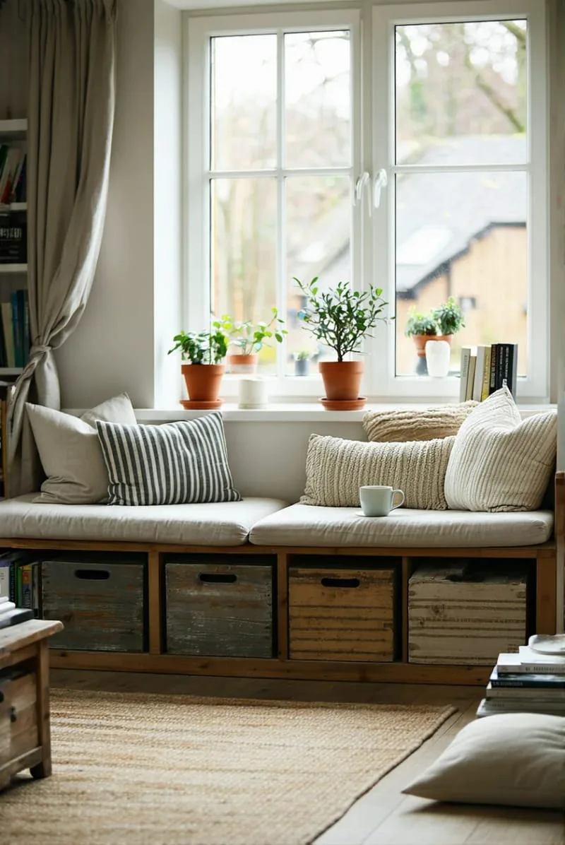 How to Decorate a Small Living Room on a Budget and In Style! 3 make window seats with repurposed storage benches 1