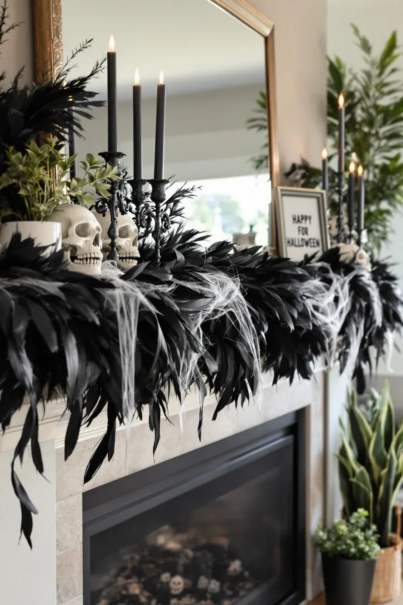 mantel adorned with black feathers, skulls, and candelabras 1