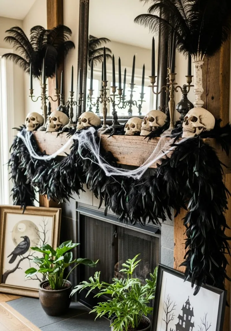 mantel adorned with black feathers, skulls, and candelabras 1