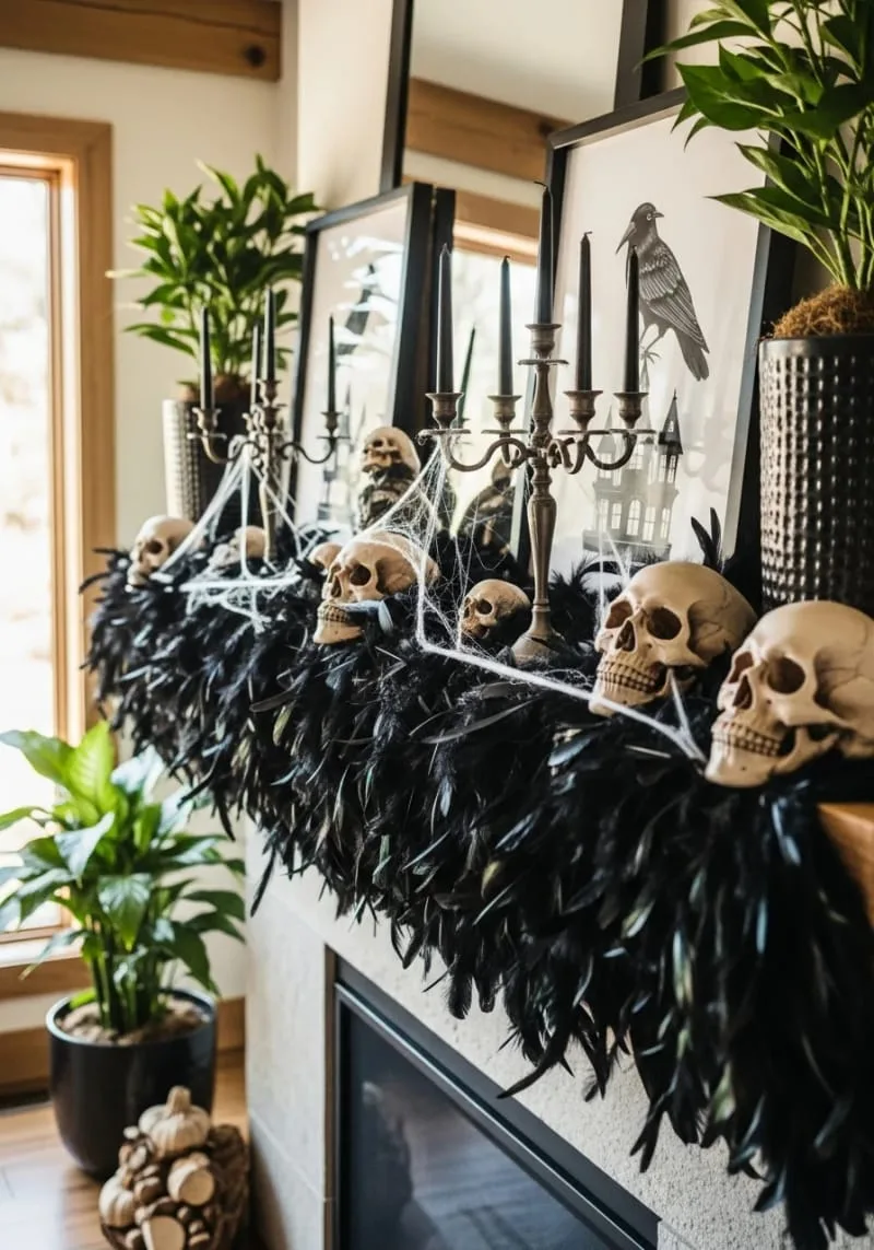 mantel adorned with black feathers, skulls, and candelabras 1