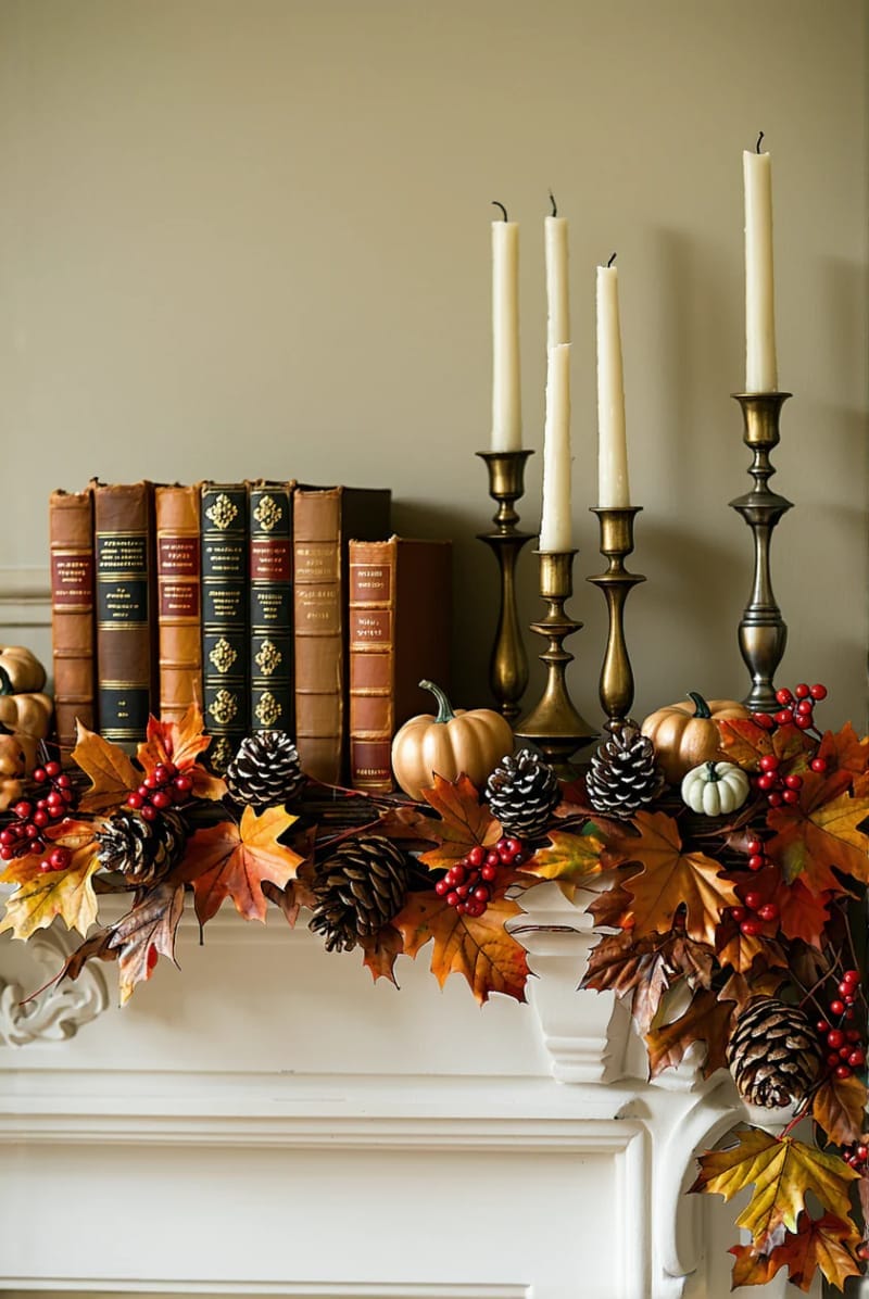 mantel display of vintage books, candlesticks, and fall foliage garland 1