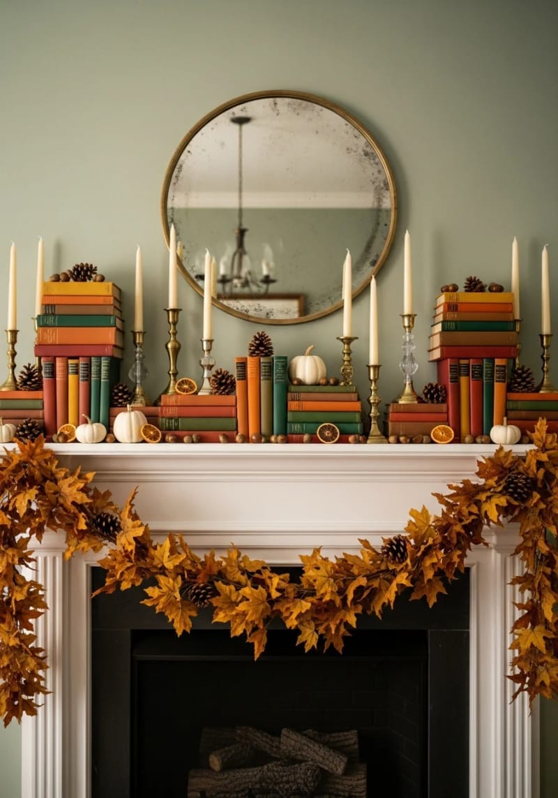 mantel display of vintage books, candlesticks, and fall foliage garland 1