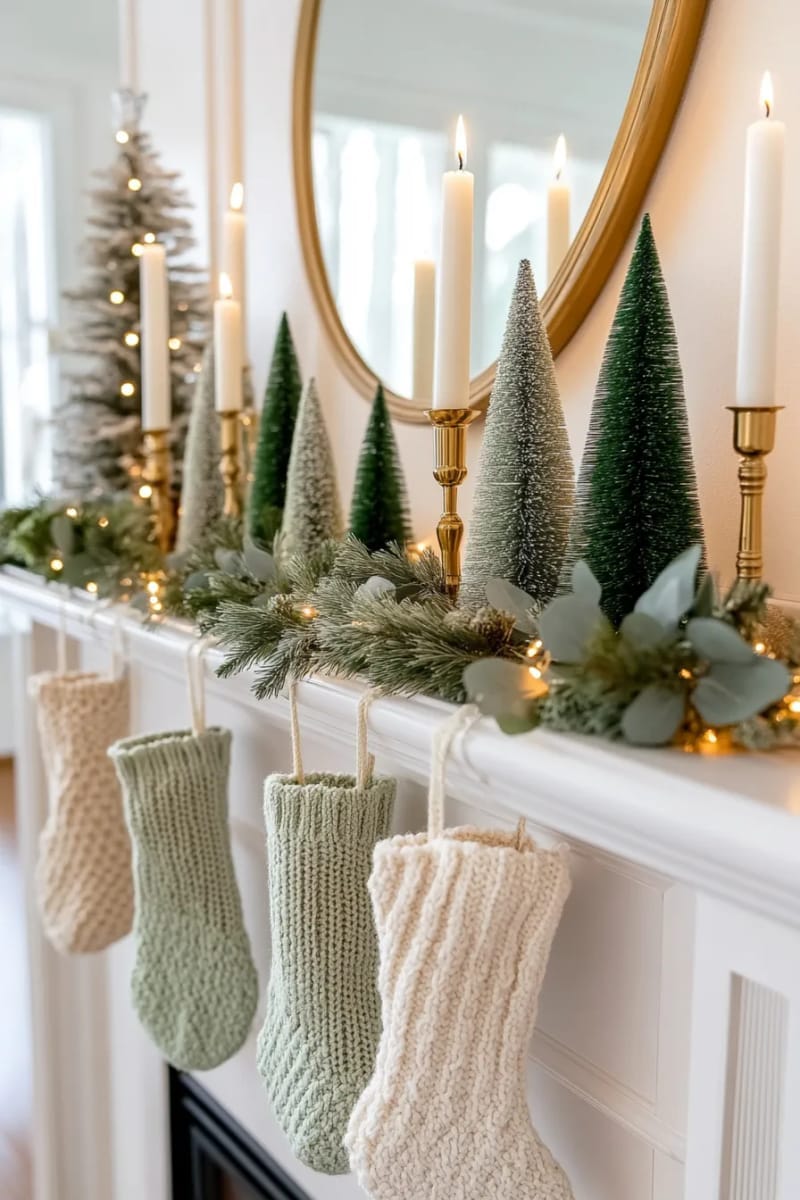 mantel lined with bottle brush trees in ombre green shades 1