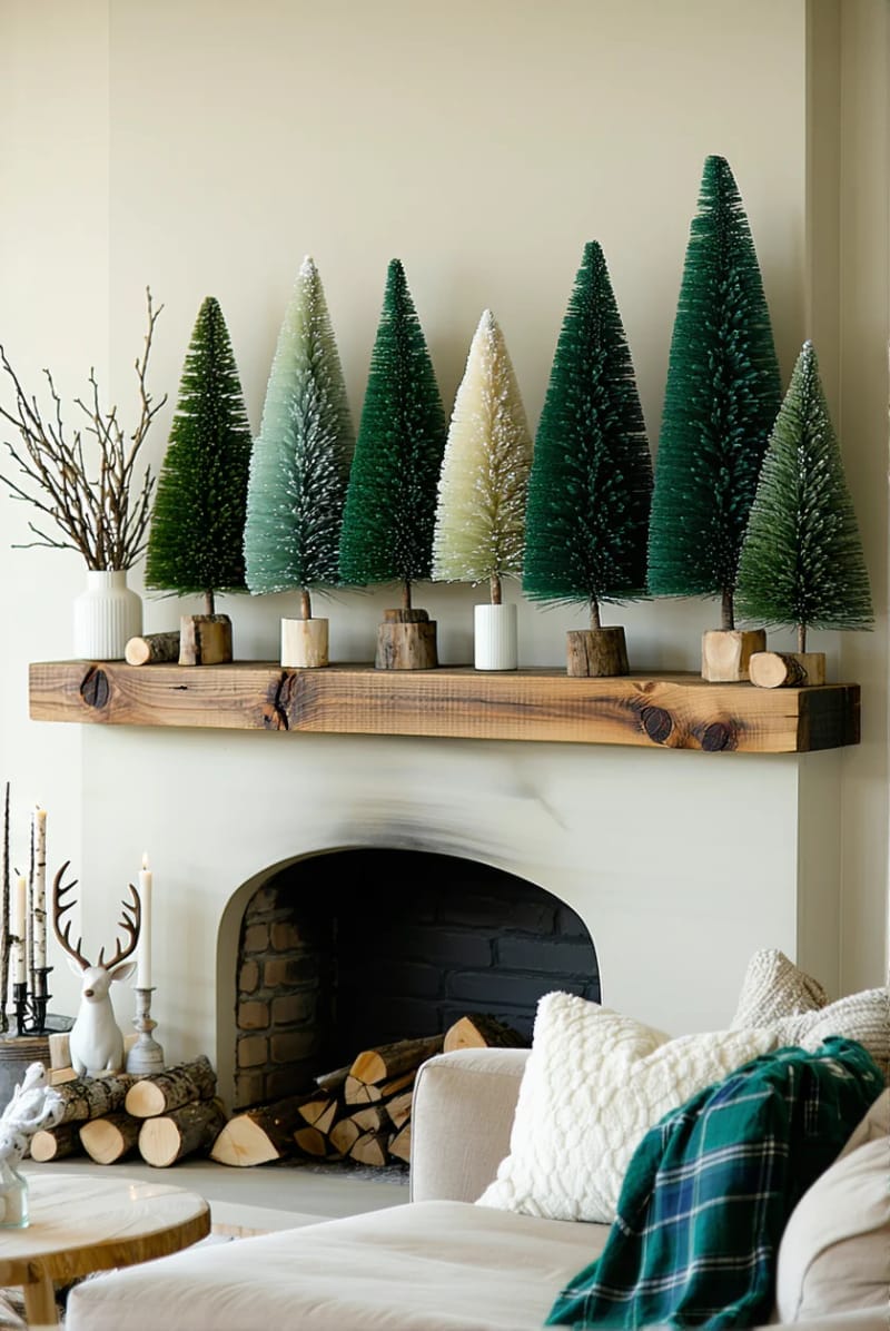 mantel lined with bottle brush trees in ombre green shades 1