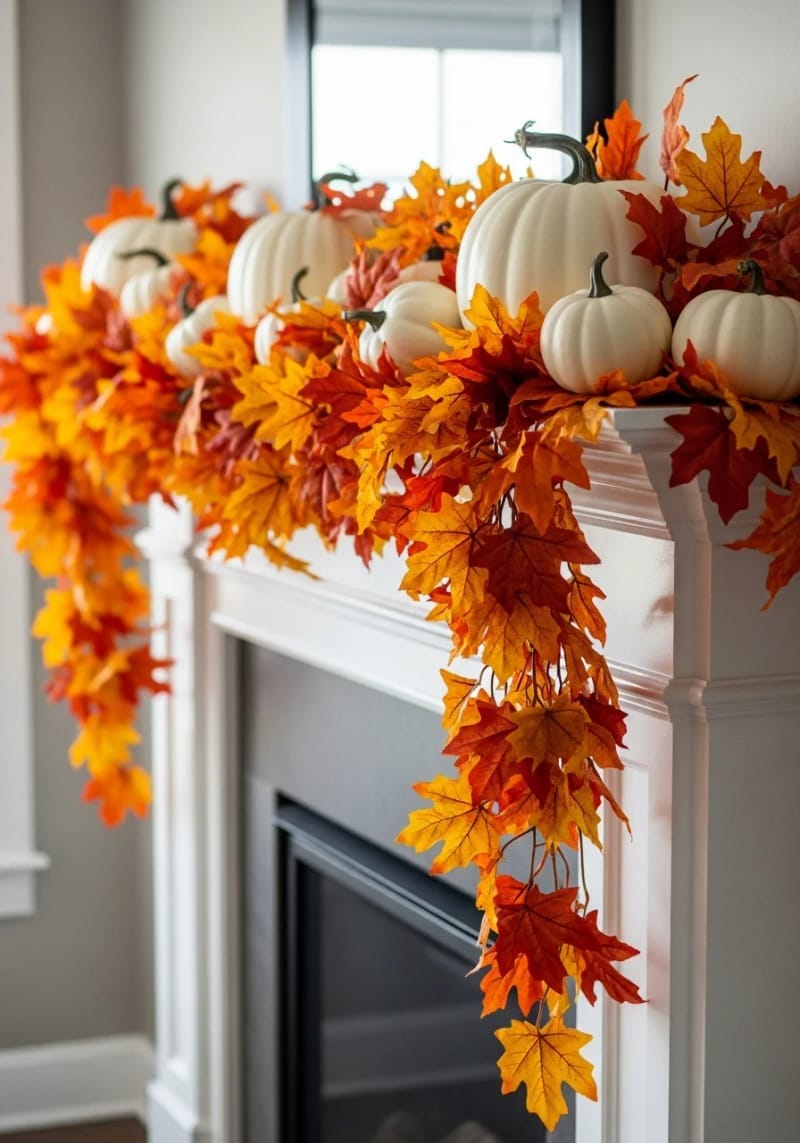 mantelpiece draped in cascading faux maple leaves and white pumpkins 1