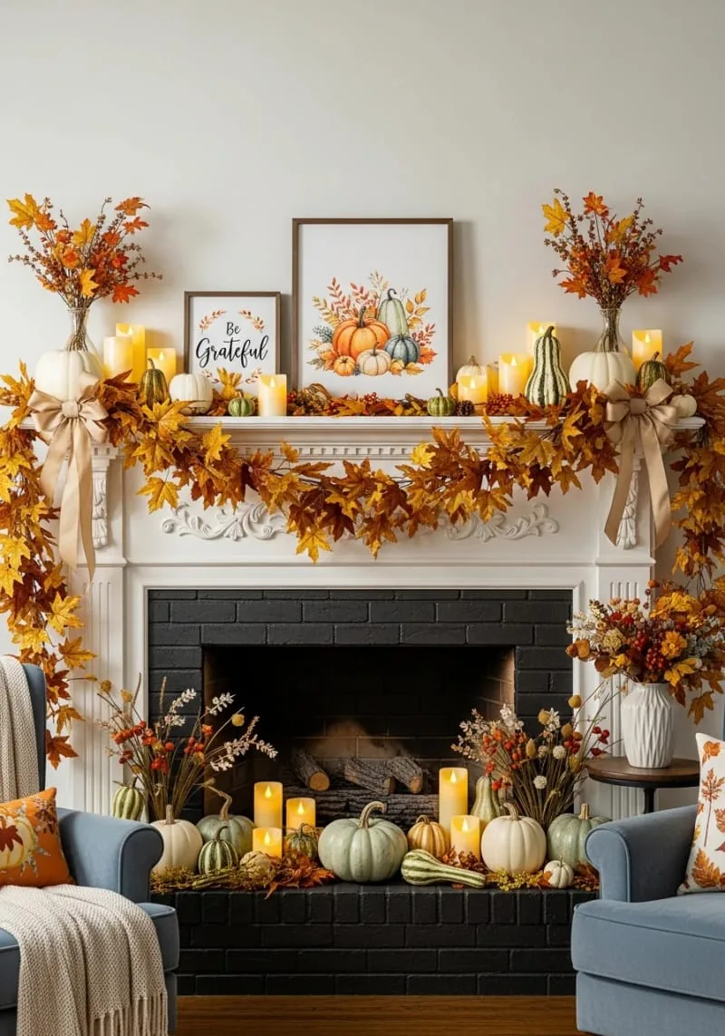 mantelpiece draped in cascading faux maple leaves and white pumpkins 1