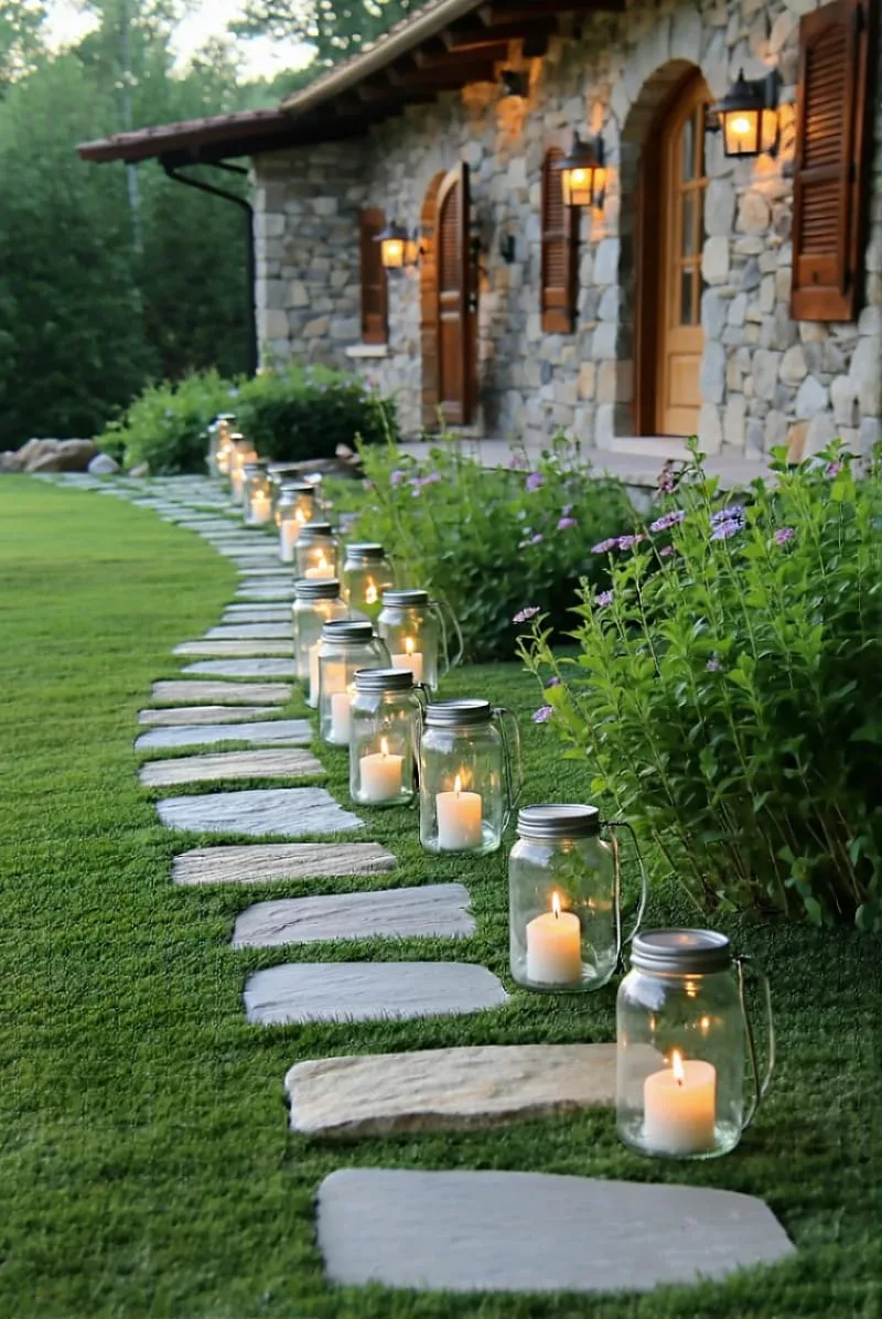 mason jar lanterns lining a stone farmhouse walkway 1