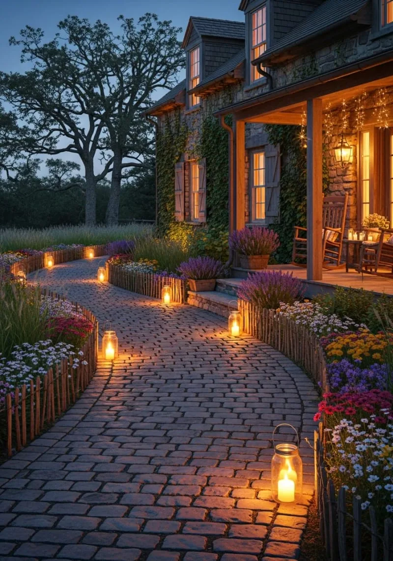 mason jar lanterns lining a stone farmhouse walkway 1