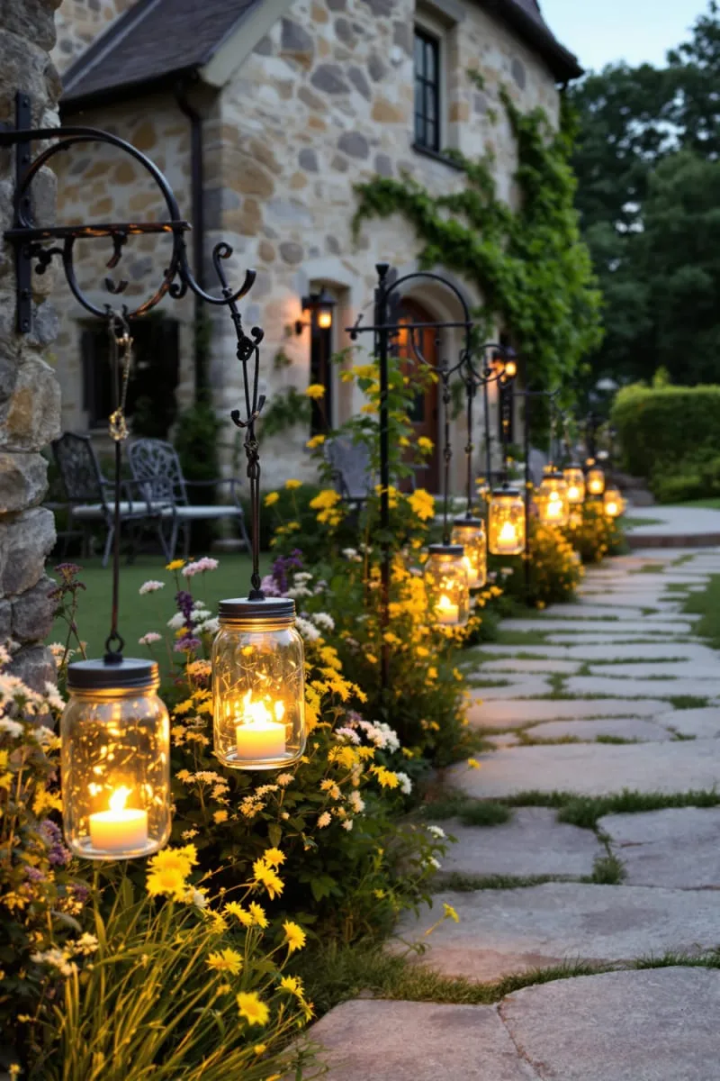 mason jar lanterns lining a stone farmhouse walkway 1