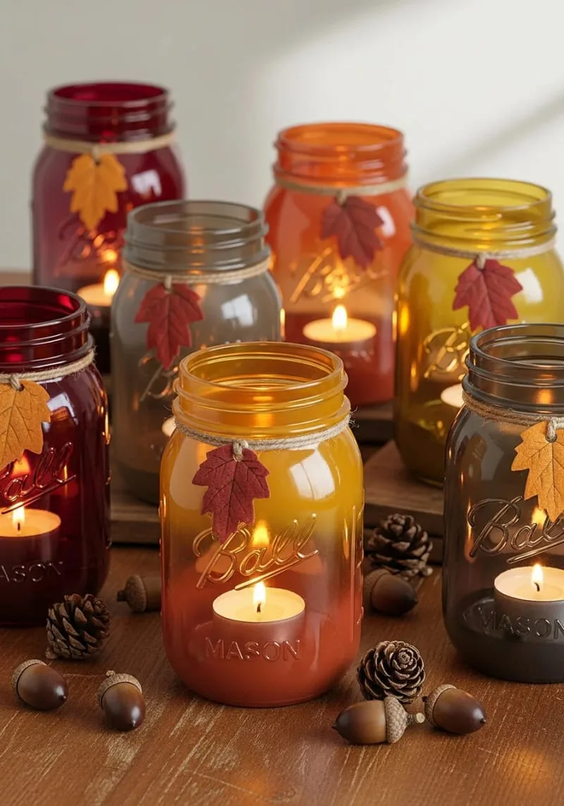 mason jar lanterns painted in ombré fall colors 1