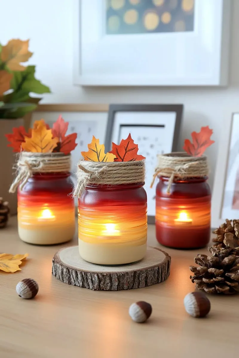 mason jar lanterns painted in ombré fall colors 1