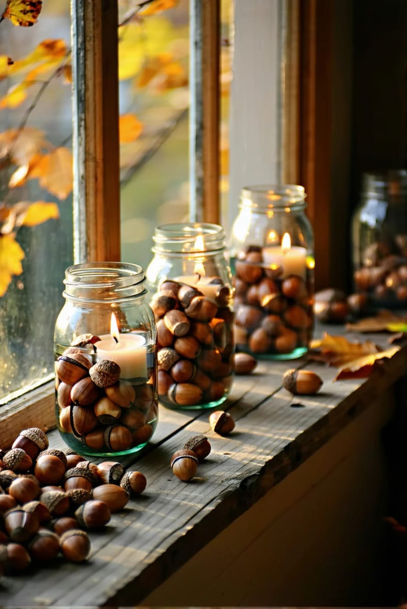 mason jar lanterns with acorns and floating tealights for cozy window sills 1