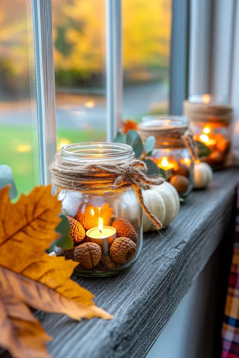 mason jar lanterns with acorns and floating tealights for cozy window sills 1