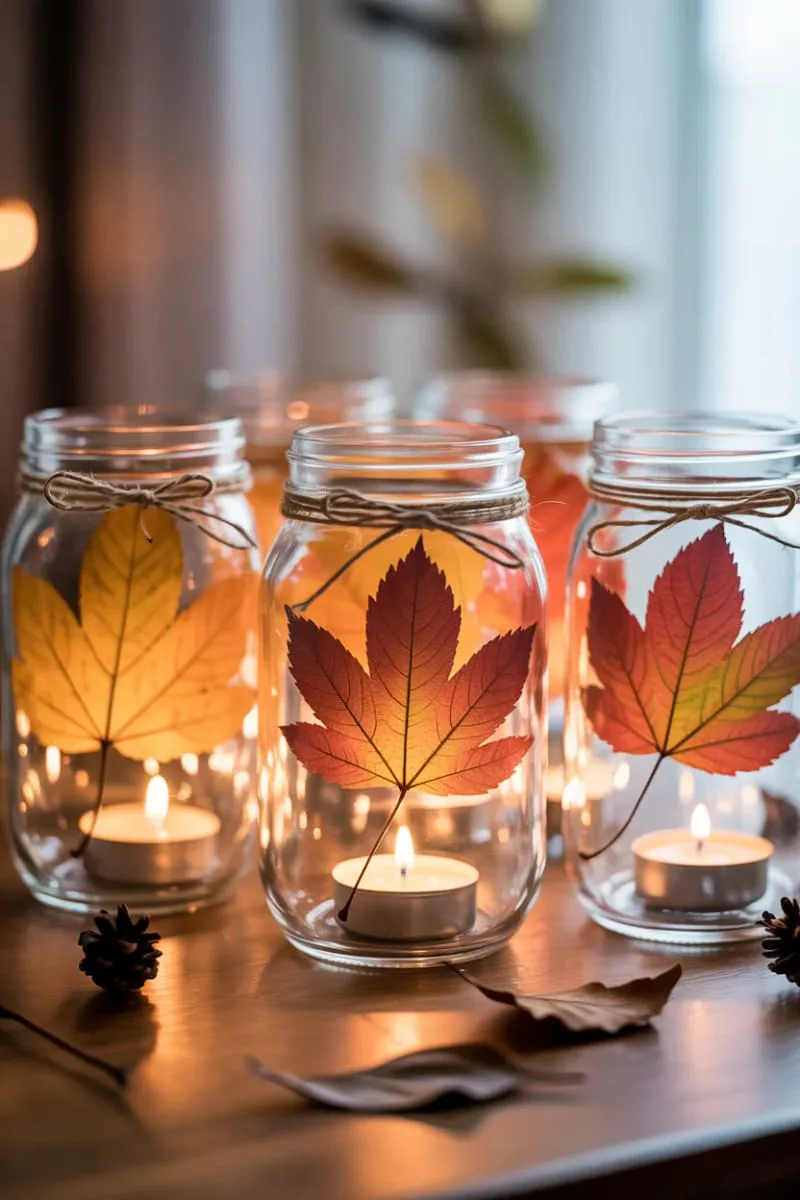 mason jar lanterns with pressed leaves and tea lights 1