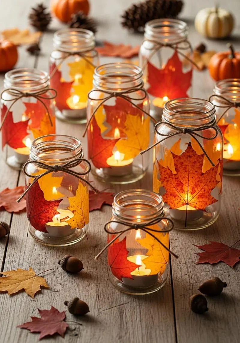 mason jar lanterns with pressed leaves and tea lights 1