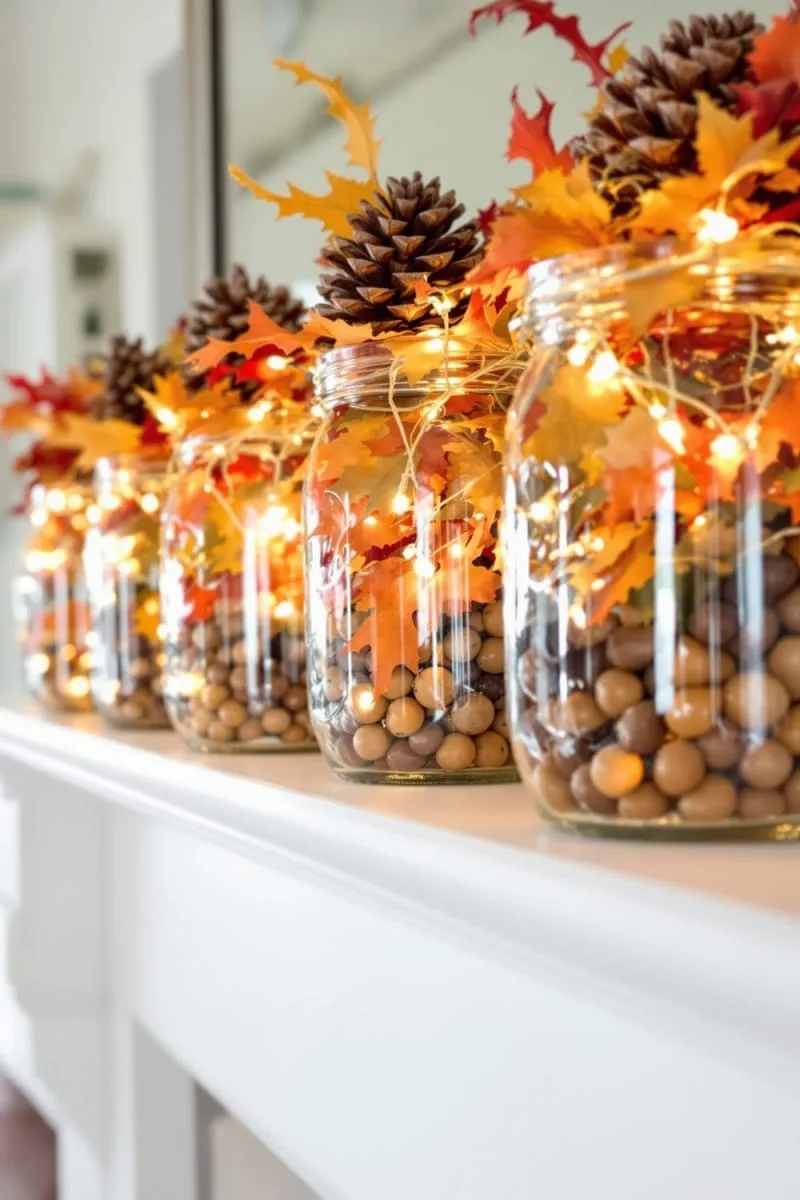 mason jars filled with layered acorns and vibrant fall leaves centerpiece 1