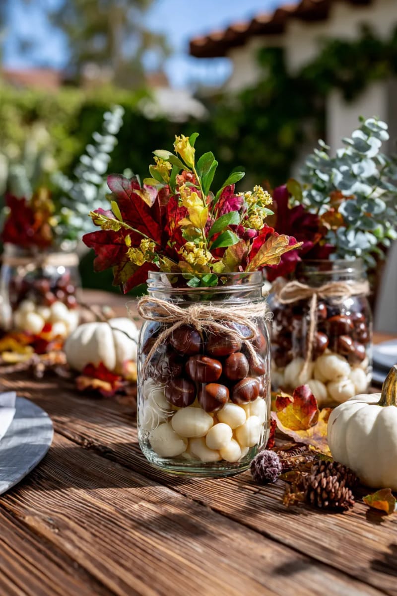 mason jars filled with layered acorns and vibrant fall leaves centerpiece 1