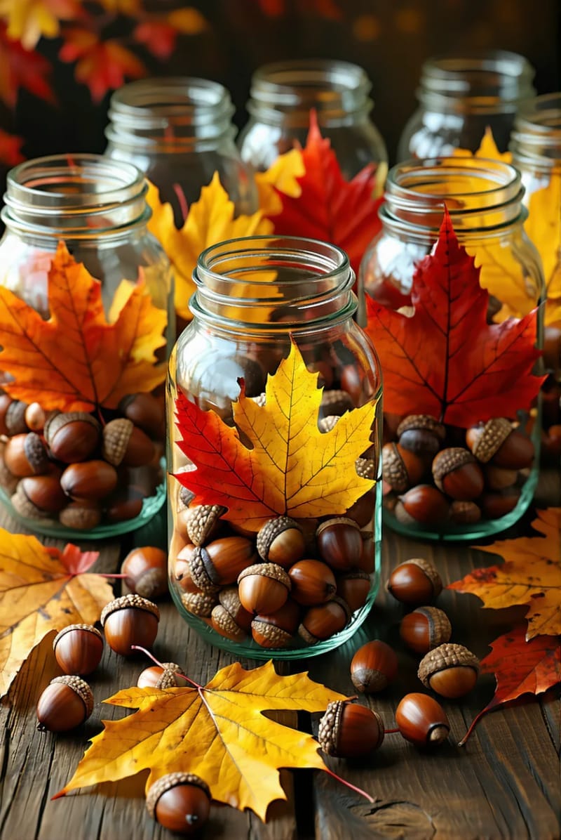 mason jars filled with layered acorns and vibrant fall leaves centerpiece 1