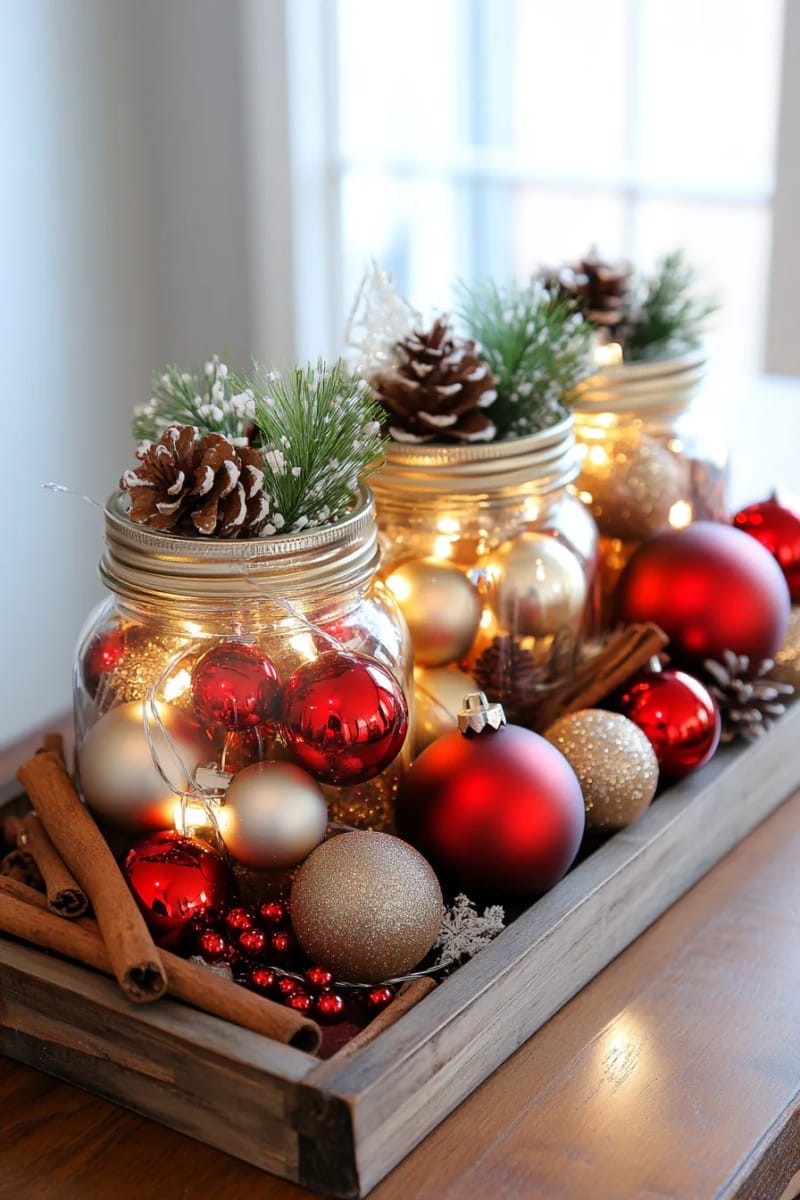 mason jars filled with mini ornaments and battery fairy lights 1