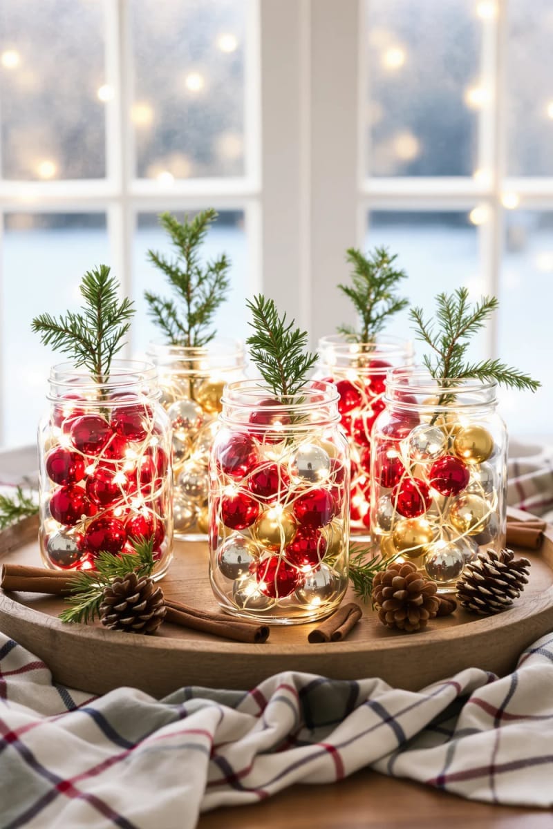 mason jars filled with mini ornaments and battery fairy lights 1