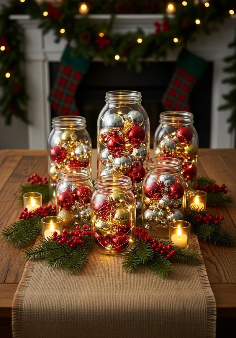 mason jars filled with mini ornaments and battery fairy lights 1