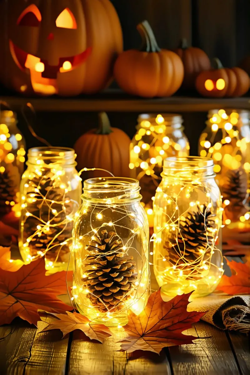 mason jars filled with pinecones and fairy lights 1