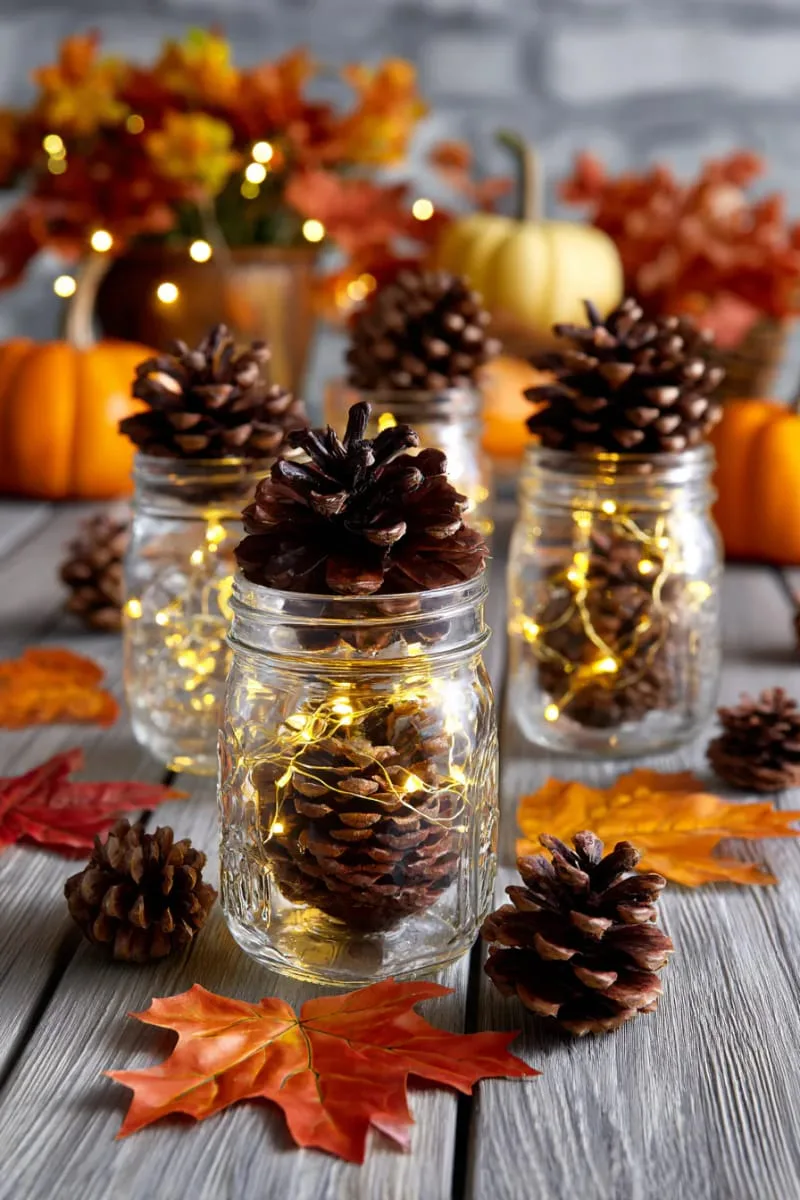 mason jars filled with pinecones and fairy lights 1