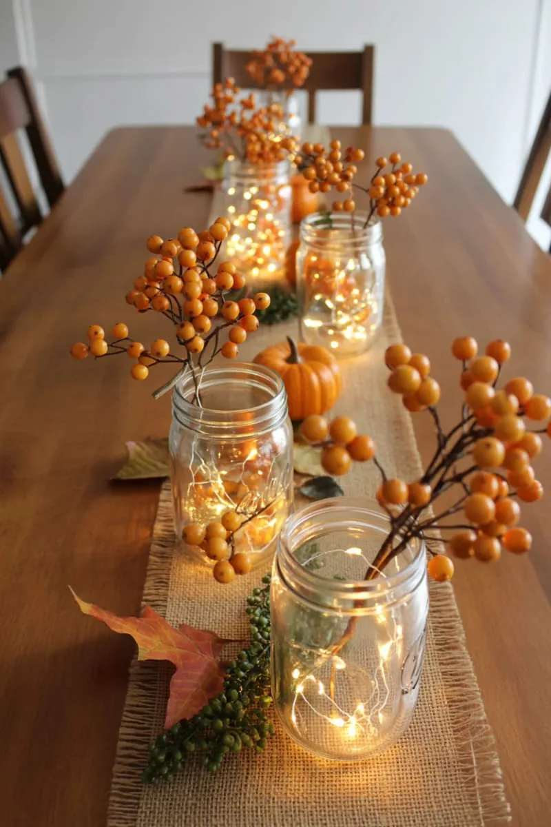 mason jars of fairy lights and orange berries 1 mason jars of fairy lights and orange berries 1