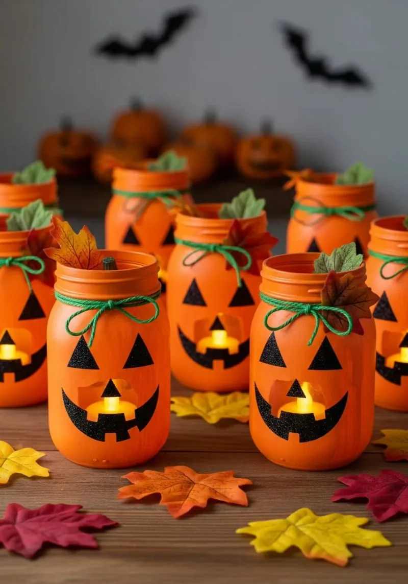 mason jars with glittery jack-o’-lantern faces 1