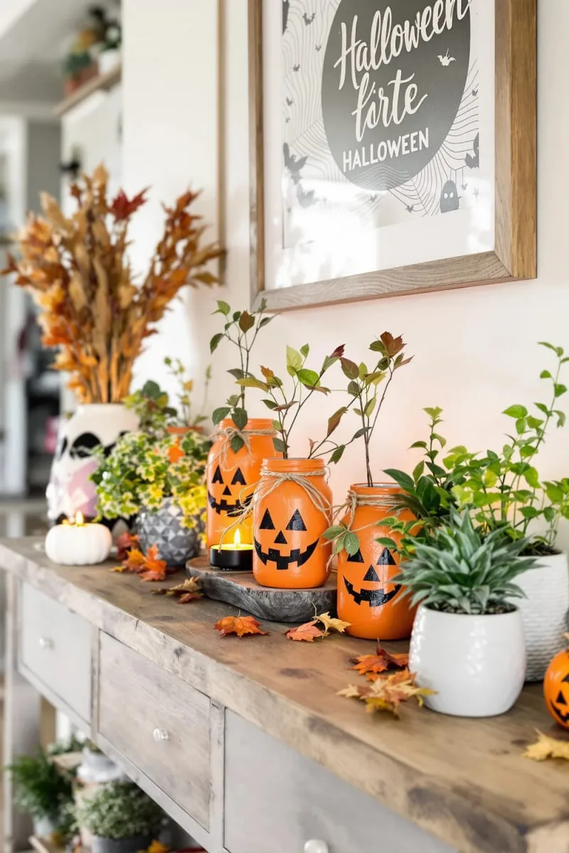 mason jars with glittery jack-o’-lantern faces 1