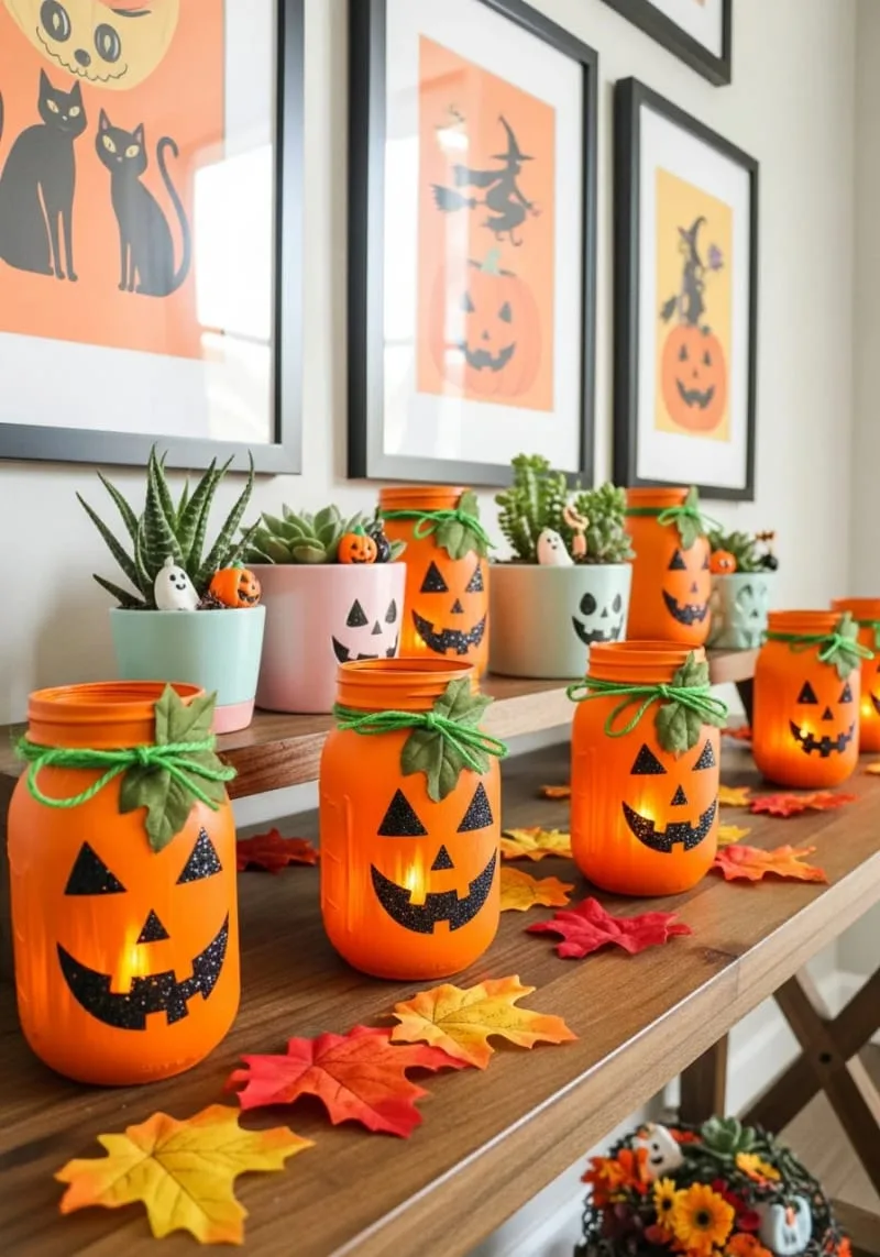 mason jars with glittery jack-o’-lantern faces 1