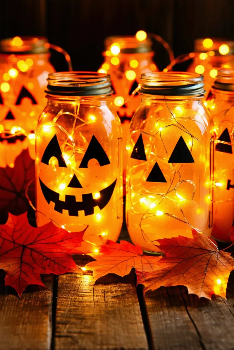 mason jars with orange fairy lights and jack-o-lantern faces 1