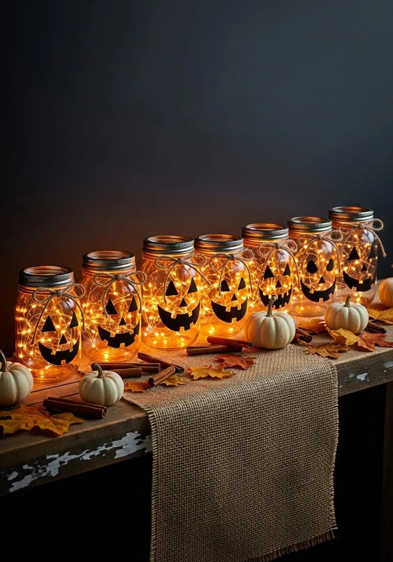 mason jars with orange fairy lights and jack-o-lantern faces 1