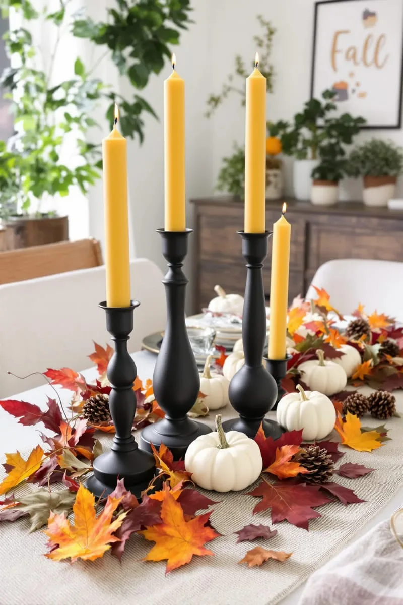 matte black candlesticks with mustard taper candles 1