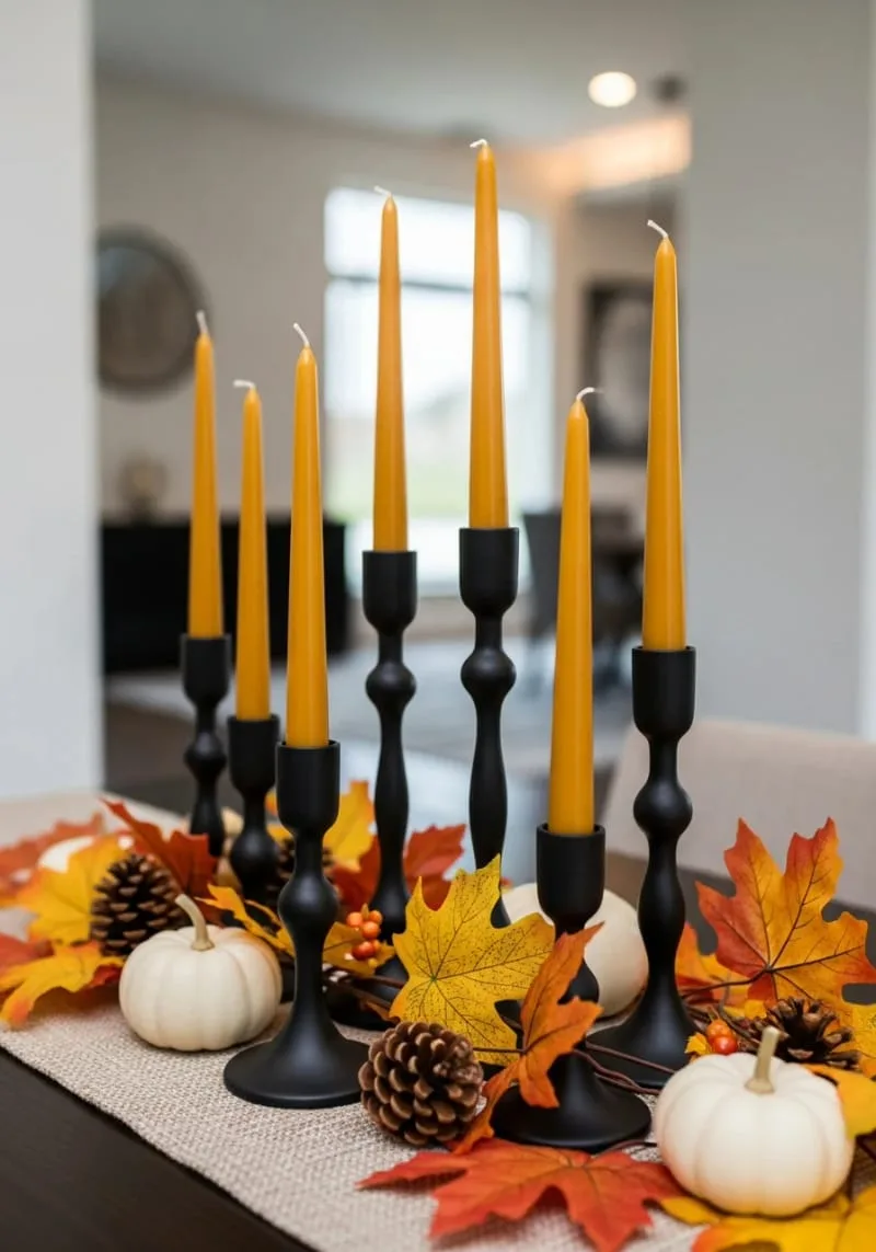 matte black candlesticks with mustard taper candles 1