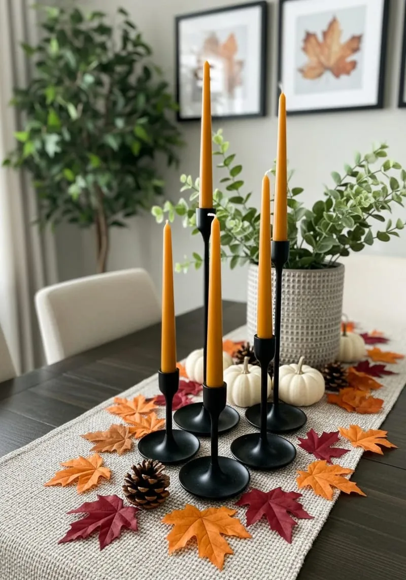 matte black candlesticks with mustard taper candles 1