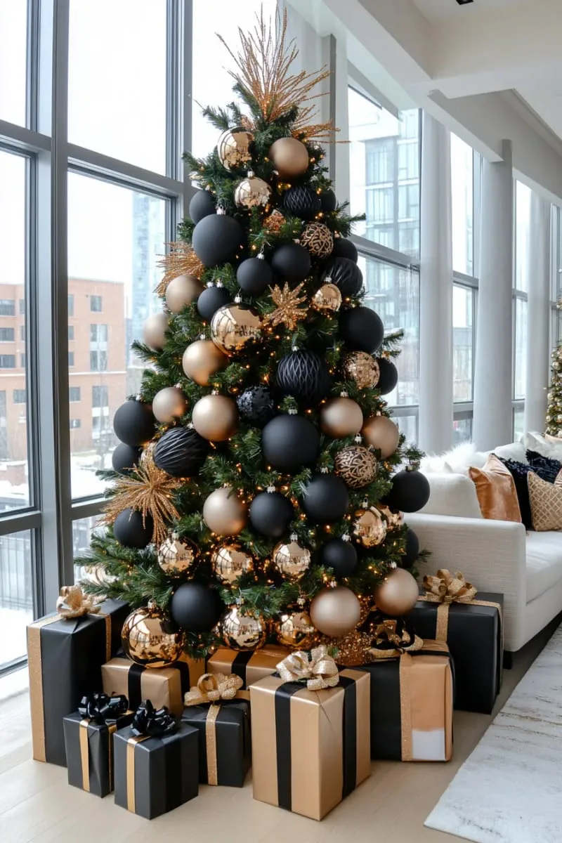 31 Dreamy Christmas Tree Decorations for a Unique Festive Touch 11 matte black ornaments with champagne gold accents for a modern festive vibe 1