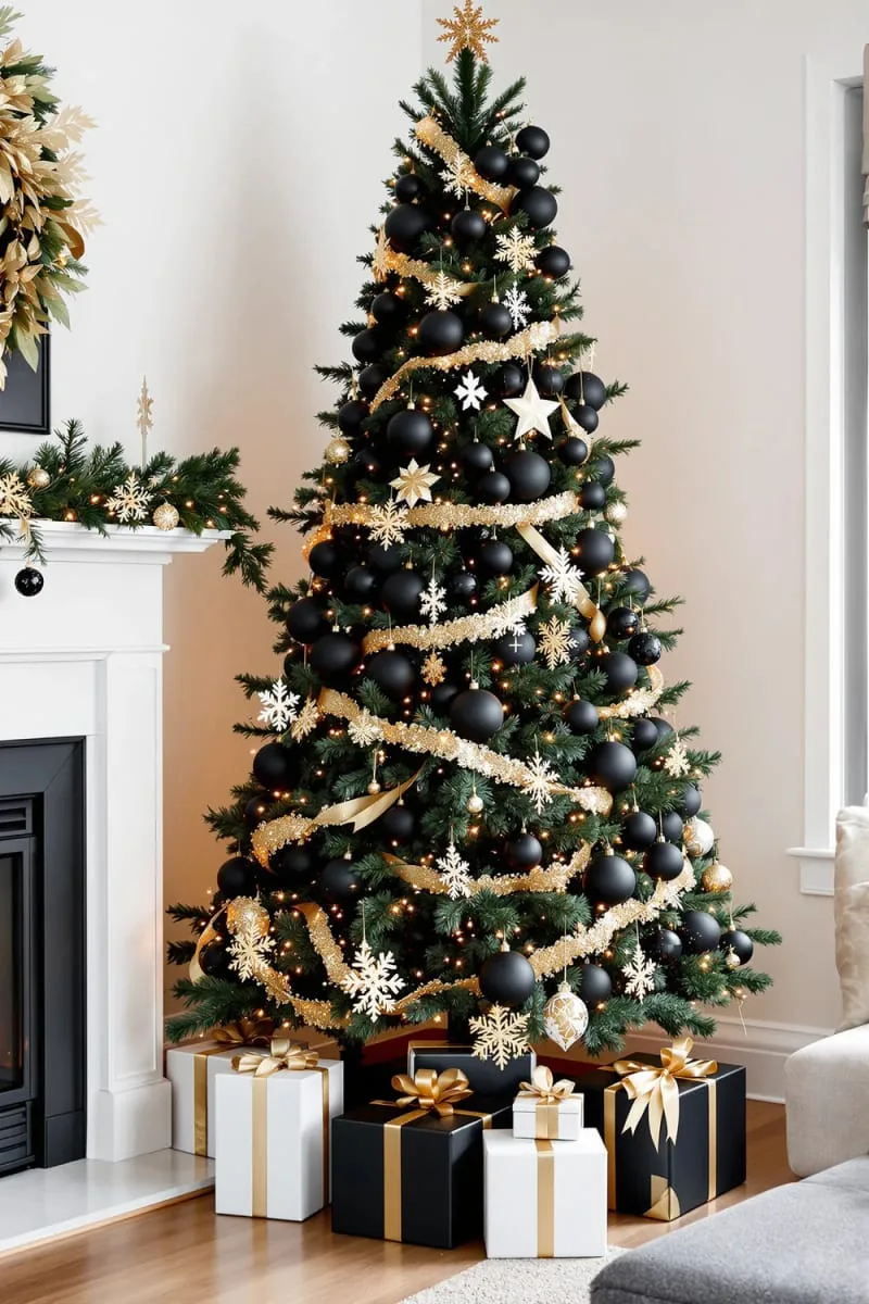 31 Dreamy Christmas Tree Decorations for a Unique Festive Touch 12 matte black ornaments with champagne gold accents for a modern festive vibe 1