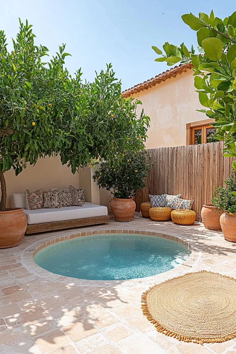 mediterranean courtyard pool with terracotta tiles and citrus trees 1