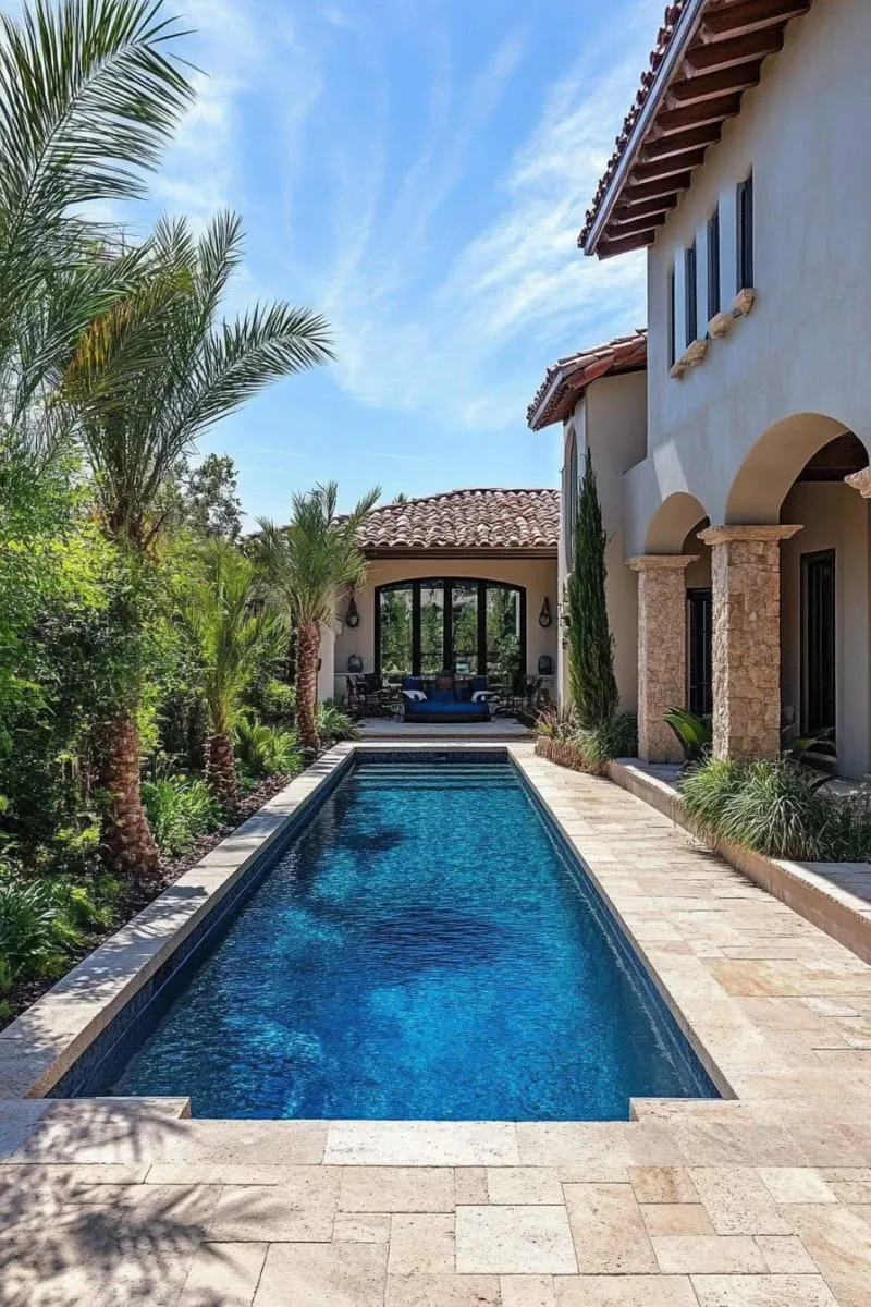 mediterranean courtyard pool with terracotta tiles and citrus trees 1