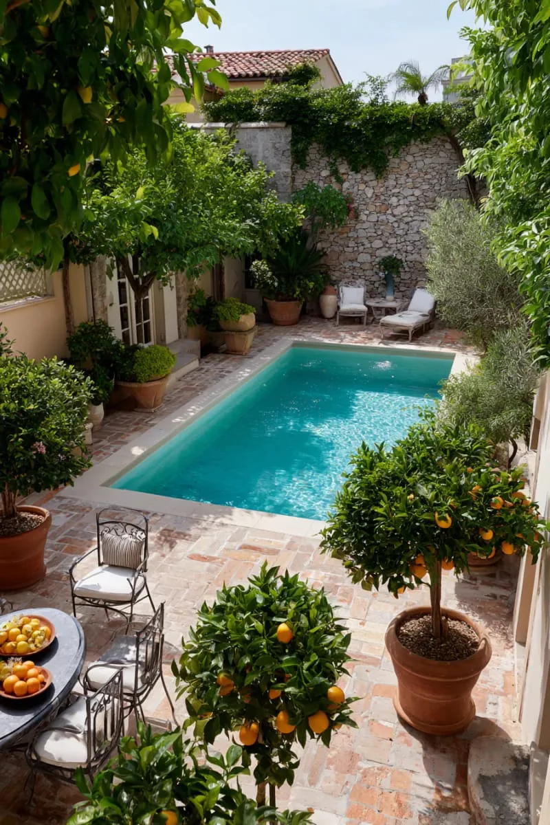 mediterranean courtyard pool with terracotta tiles and citrus trees 1