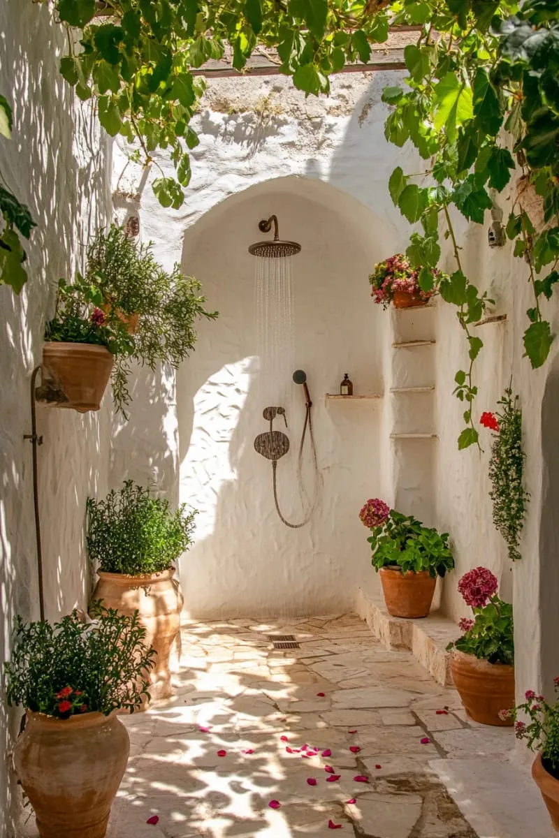 mediterranean-inspired white stucco shower with clay pots and climbing vines 1