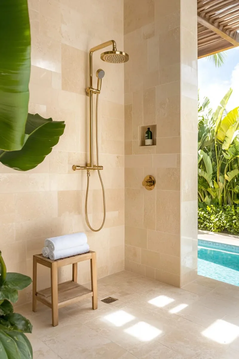 mediterranean-inspired white stucco shower with clay pots and climbing vines 1