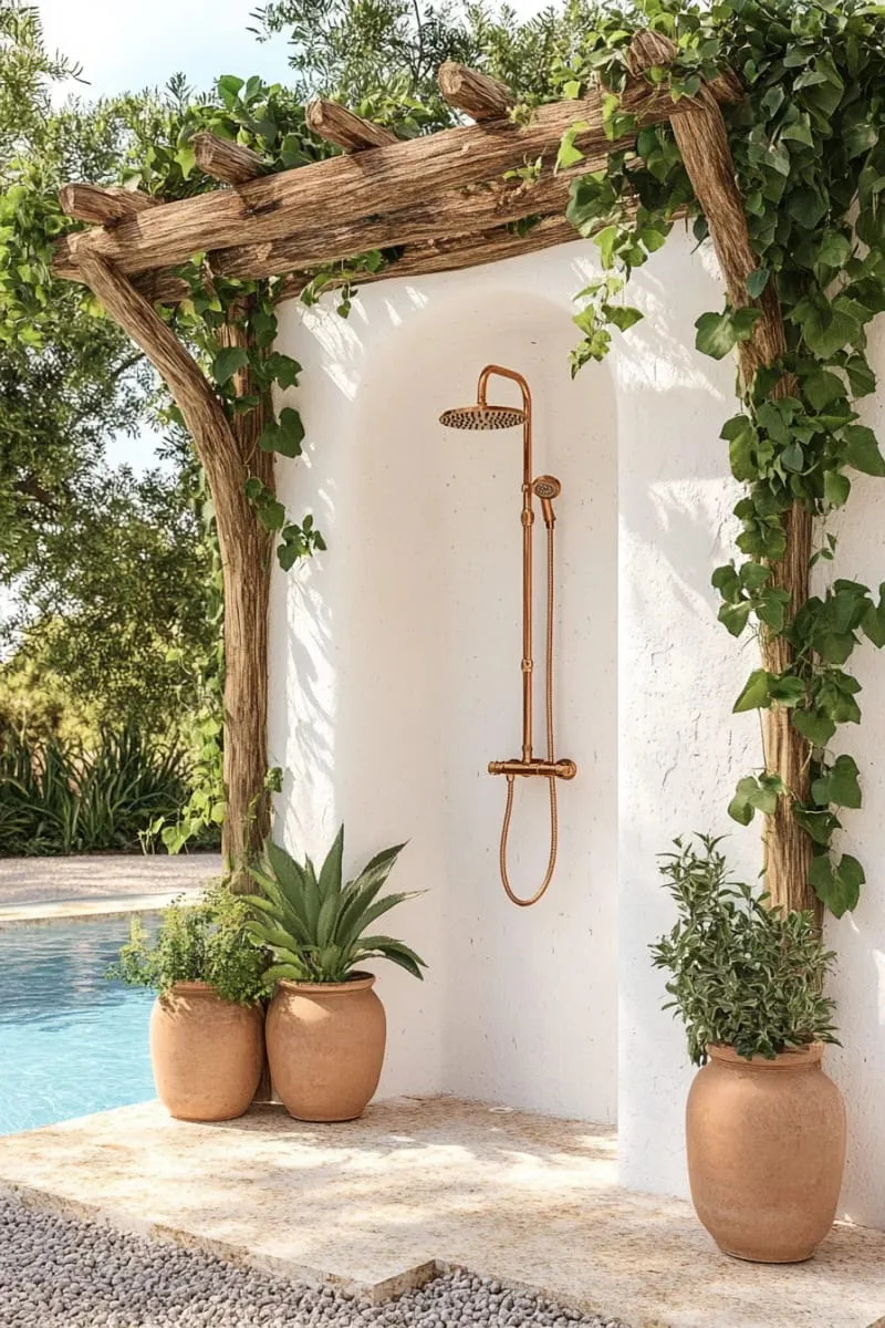 mediterranean-inspired white stucco shower with clay pots and climbing vines 1
