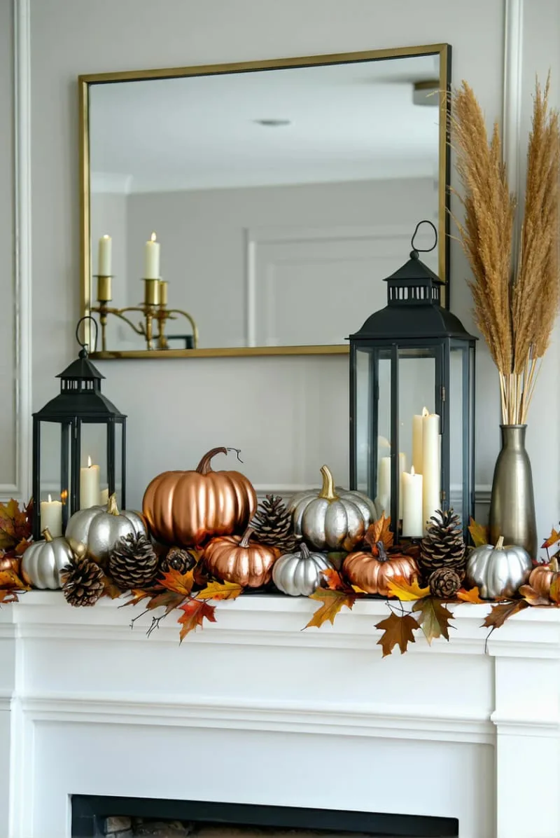 metallic pumpkins and geometric lanterns on a transitional fireplace mantle 1
