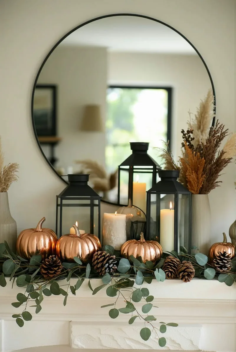 metallic pumpkins and geometric lanterns on a transitional fireplace mantle 1