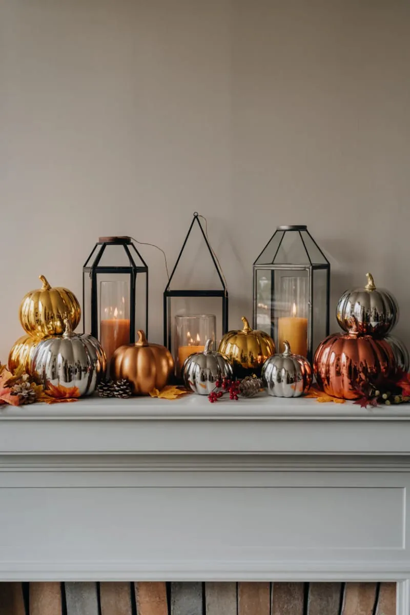metallic pumpkins and geometric lanterns on a transitional fireplace mantle 1